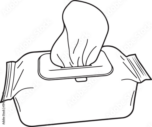 Wet Wipes Pack Hand-drawn Sketch Drawing Vector Illustration, Line Linear Symbol Black and White Engraving, Isolated