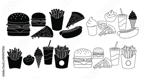 Black and white line drawing of various fast food items arranged in rows
