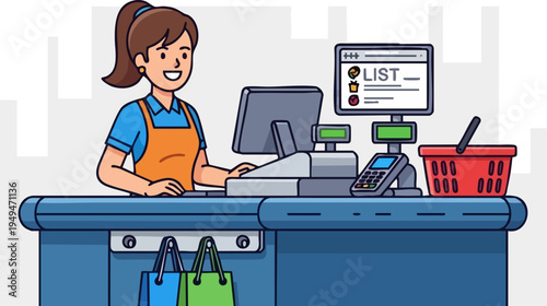 Smiling Female Cashier Working at Supermarket Checkout Counter with Shopping Bags, Cash Register, and POS Terminal Vector Illustration