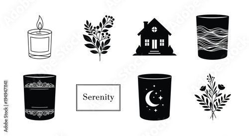 Minimalist black and white illustration of candles plants a house and celestial elements