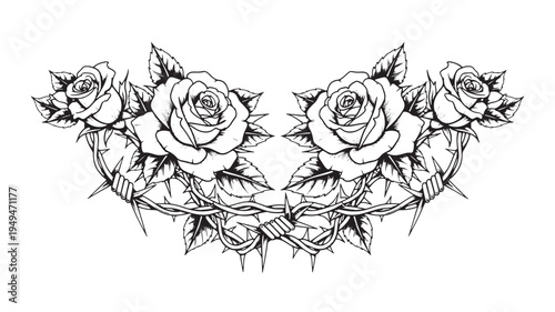 Roses Entwined With Barbed Wire For Tattoo Or Symbol Concepts on transparent background