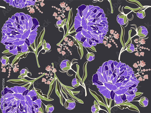 Royal Purple Peonies Seamless Pattern: Hand-Drawn Lush Botanical Blooms on Dark Charcoal Background for Elegant Fashion Prints