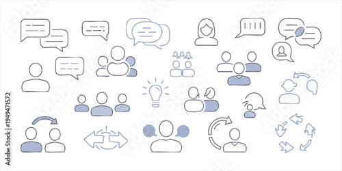 Social media communication and teamwork icons set with speech bubbles people silhouettes and ideas