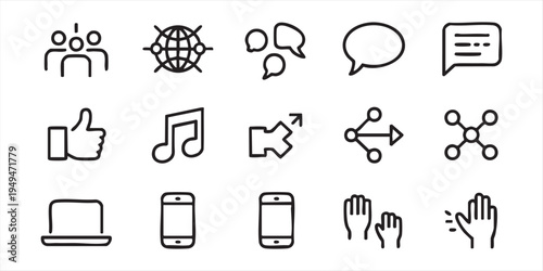 Digital connectivity and social networking hand drawn icons including globe smartphone and thumbs up