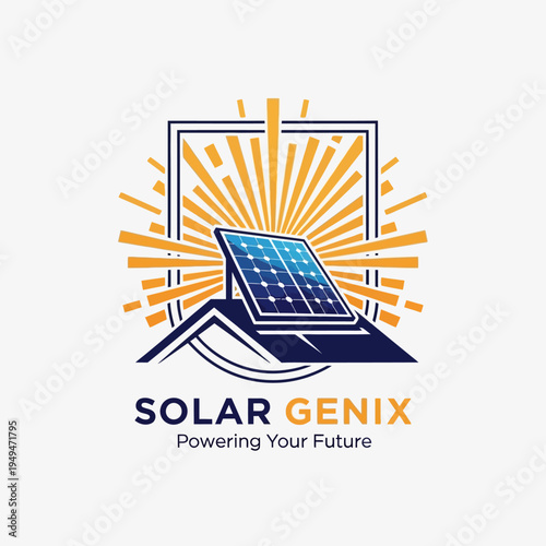 Solar Genix logo with modern frame, radiant sun, and photovoltaic panel on a roof, isolated white background.