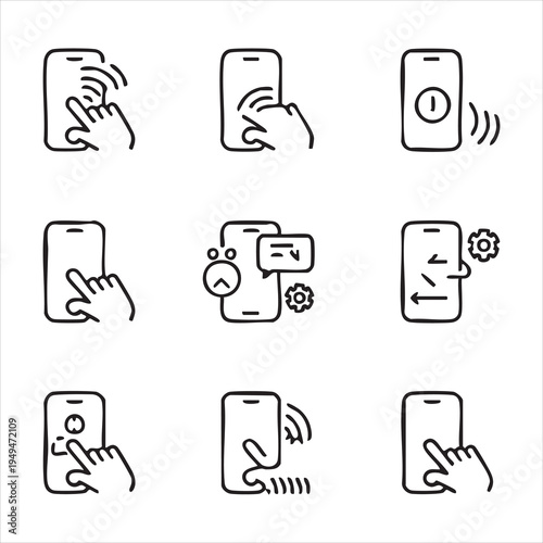 hand holding smartphone and touching screen icon set with various gestures and interactions