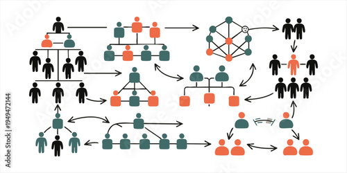 people in various hierarchical structures and network connections showing complex relationships