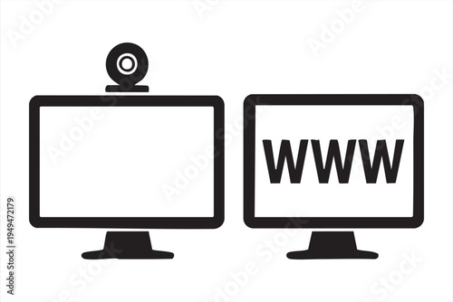 two computer monitors one with a webcam and another displaying 'www' text