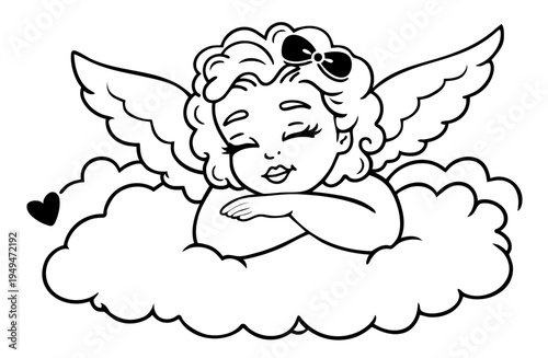 Hand Drawn Girl Cupid Angel of Love with Wings and Halo, Sweet Valentine’s Day