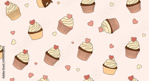 Sweet seamless pattern of various cupcakes decorated with small red hearts on a light pink background for romantic occasions.
