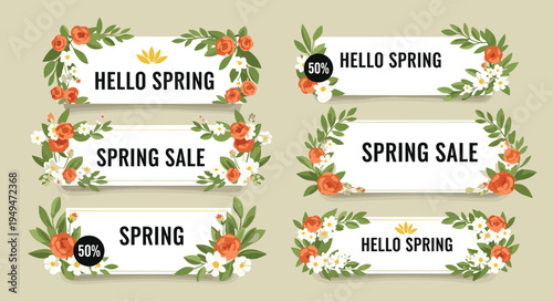 Set of six horizontal banners for spring and spring sale featuring delicate white and orange flowers and green foliage.