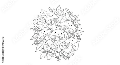 Adorable coloring page featuring a group of happy mushrooms with cute faces surrounded by autumn leaves, berries, and acorns.