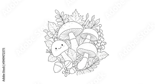 Charming group of four mushrooms with cute smiling faces surrounded by autumn leaves and berries on a white background.