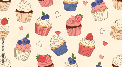 Delightful seamless pattern of various cupcakes topped with berries and frosting with small pink hearts on a cream background.