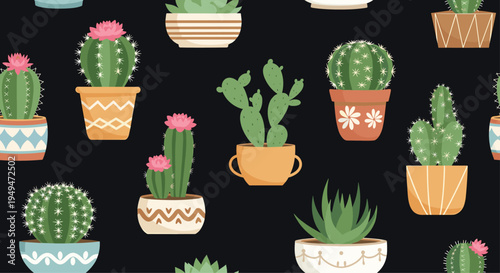 Seamless pattern of various green cacti and succulents in decorative pots on a solid black background for desert.