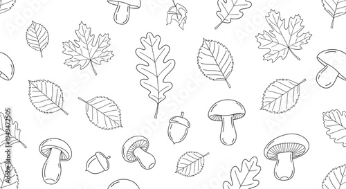 Seamless line art pattern of forest elements including various mushrooms and autumn leaves with acorns for fall themes.