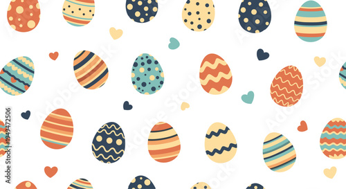 Seamless pattern of colorful decorated easter eggs and small hearts on a white background for holiday greeting.