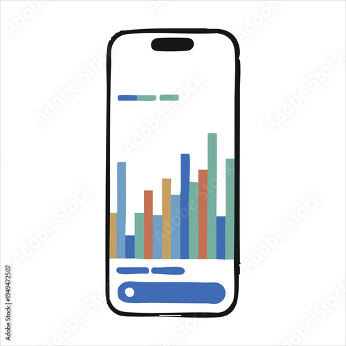 Financial analytics mobile application showing colorful bar charts on smartphone screen doodle style