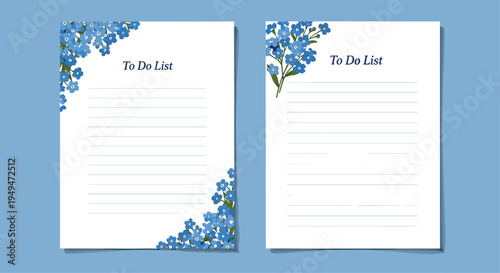 Set of two to do list templates decorated with blue forget-me-not flowers and green leaves on a soft blue background.