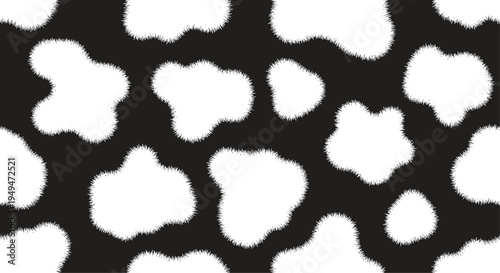 Seamless pattern of fluffy white cloud shapes with textured edges on a black background for creative wallpaper.