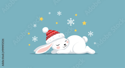 Adorable white bunny rabbit sleeping in a red santa hat under falling snowflakes and stars on a blue background.