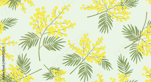 Seamless pattern of yellow mimosa flower branches with green leaves on a light mint background for spring designs.