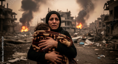 Crying woman in hijab holding her child in front of burning ruins. Devastated mother escaping conflict zone during war. Humanitarian crisis and victim of military invasion in city.