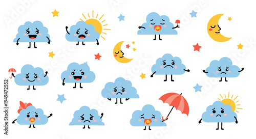 Set of adorable blue cloud characters with little legs and hands and accessories like umbrellas and baby pacifiers art.