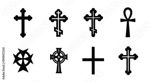Collection of various black religious crosses and an ankh symbol on a white background