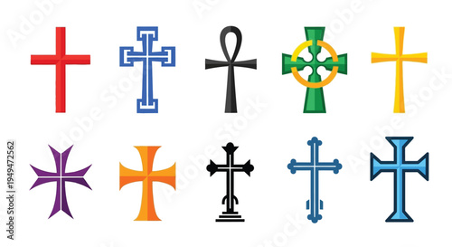 A collection of various colorful religious crosses displayed in a single row