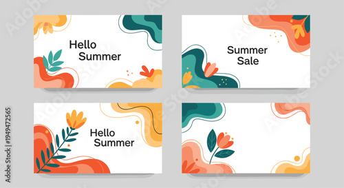 Collection of four summer sale and hello summer horizontal banners featuring abstract fluid shapes and floral elements.