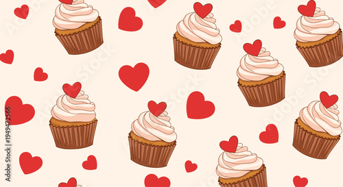 Seamless pattern of delicious cupcakes with pink creamy frosting and red heart toppers on a soft light beige background.