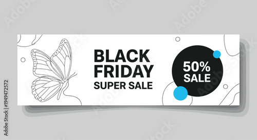 Black Friday super sale horizontal banner featuring a delicate butterfly outline and a fifty percent discount offer badge.