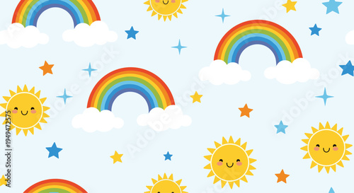 Childish seamless pattern with happy smiling suns, colorful rainbows, white clouds, and stars on a bright blue sky backdrop.