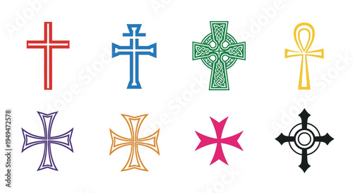 Collection of religious symbols including crosses and an ankh in various colors