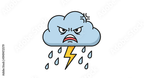 Grumpy blue storm cloud character with an angry expression featuring a yellow lightning bolt and raindrops on white.