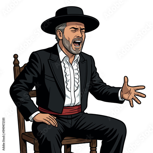 Cantaor. Passionate male flamenco singer sitting on chair