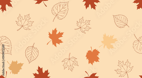 Autumn leaves seamless pattern featuring maple and birch leaf outlines in warm orange and brown tones on a beige backdrop.