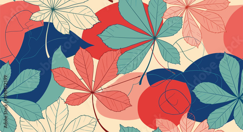 Abstract autumn pattern with various chestnut leaf silhouettes in blue, red, and beige colors on a light creamy background.