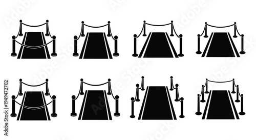Red carpet barriers and walkways a set of monochrome vector illustrations