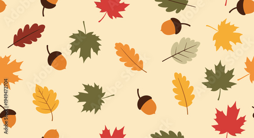 Colorful autumn leaf and acorn seamless pattern with maple and oak leaves in green, orange, and red hues on beige.