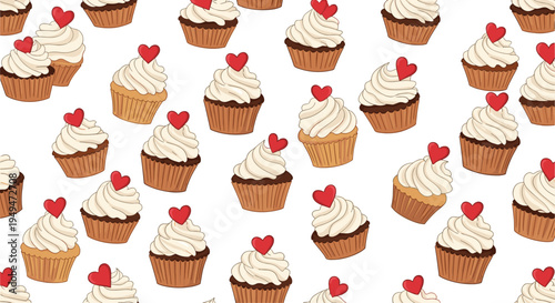 Sweet cupcakes seamless pattern with white creamy frosting and red heart decorations on a plain white background.