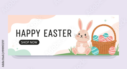 Happy Easter web banner featuring a cute bunny sitting next to a wicker basket full of decorated eggs on a light field.