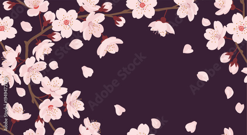 Japanese cherry blossom branch seamless pattern with pink sakura flowers and petals on a dark purple background.