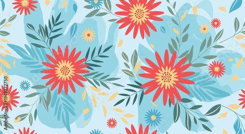 Vibrant floral seamless pattern with large red daisy-like flowers and green leaves on a soft blue textured background.