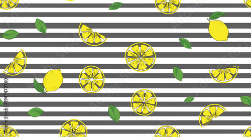 Fresh lemon seamless pattern with yellow fruit slices and green leaves over a black and white striped background.