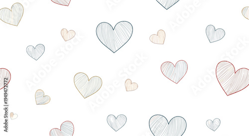 Hand-drawn heart seamless pattern with fine line textures in blue, red, and beige colors on a clean white background.