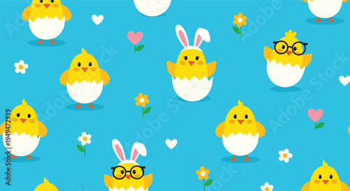 Cheerful seamless pattern featuring cute yellow chicks in eggshells with bunny ears and glasses along with hearts and flowers on a blue background.