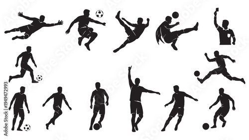 Black Silhouette Soccer Players Kicking Running Scoring Goals For Sports Concepts on transparent background