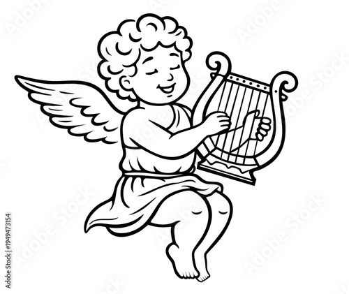 Hand Drawn Romantic Cupid Playing Harp for Valentine’s Day, Angel of Love Creating Romantic Mood and Blessing Couples Before First Kiss